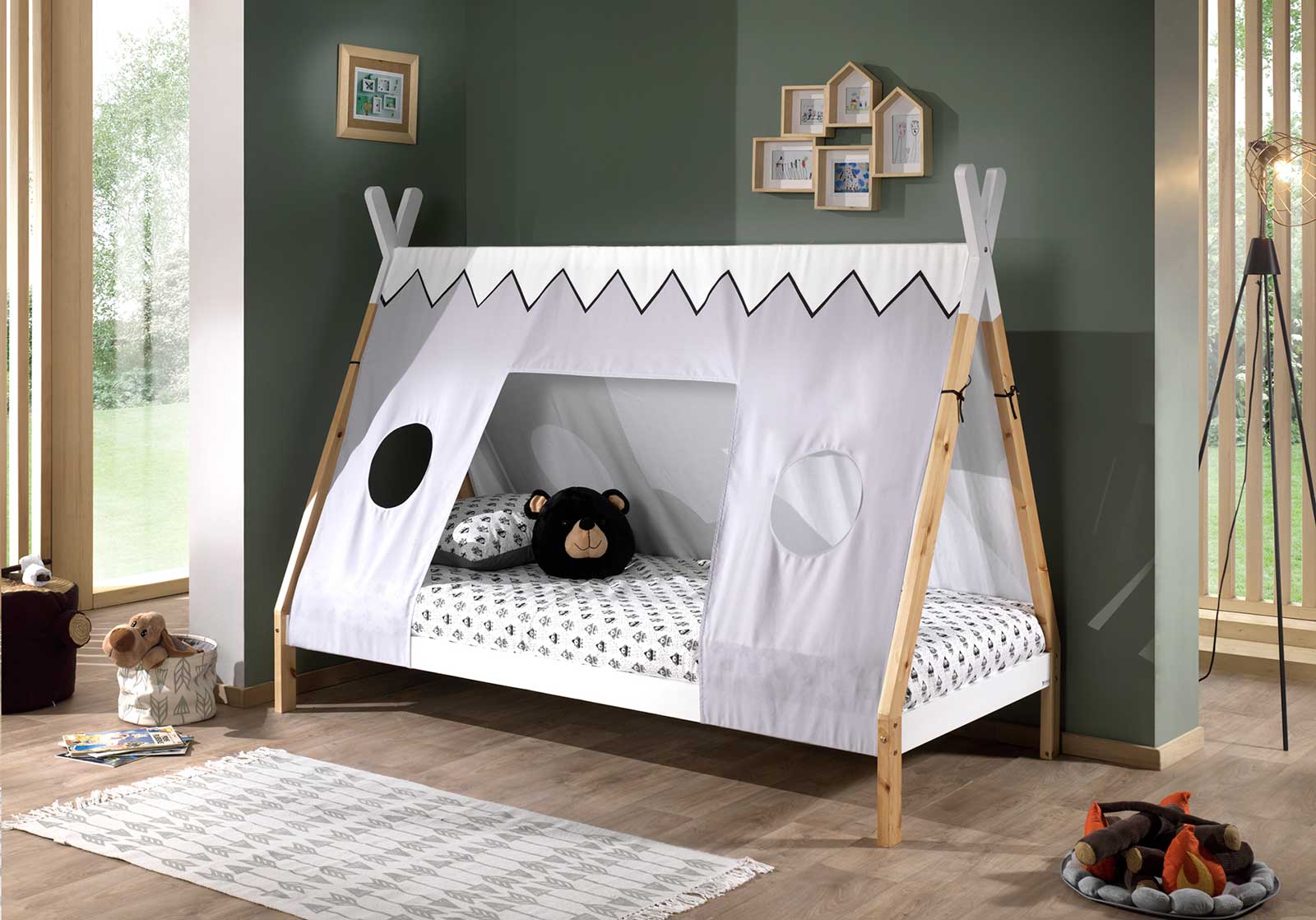 Letto singolo montessoriano per camerette, design tenda indiana, Pino naturale e Bianco laccato
