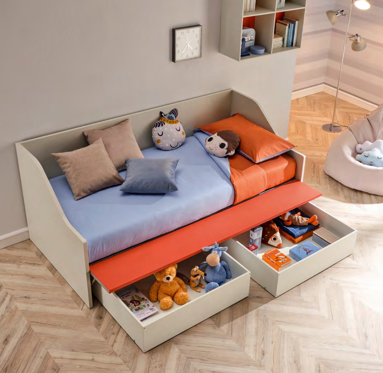 Divano letto Hill Moretti Compact con cassettoni, Quarzo e Mattone