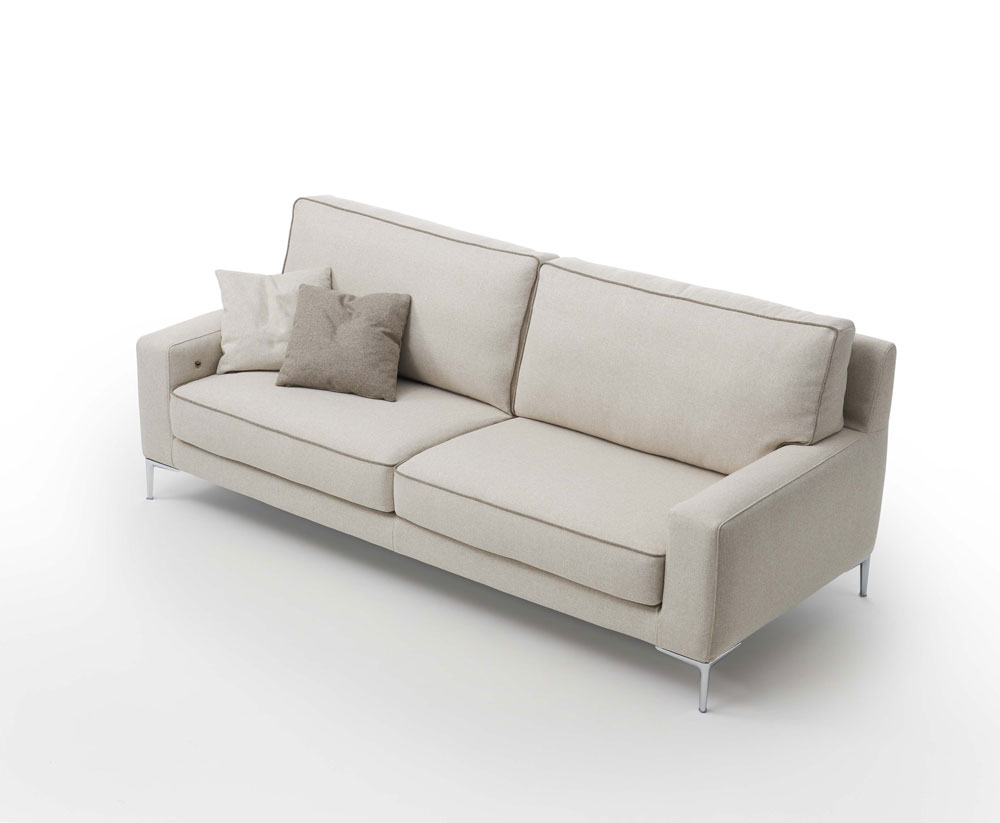 Divano Tor a 2 posti con presa USB integrata, tessuto Burro con bordino Grigio Chiaro