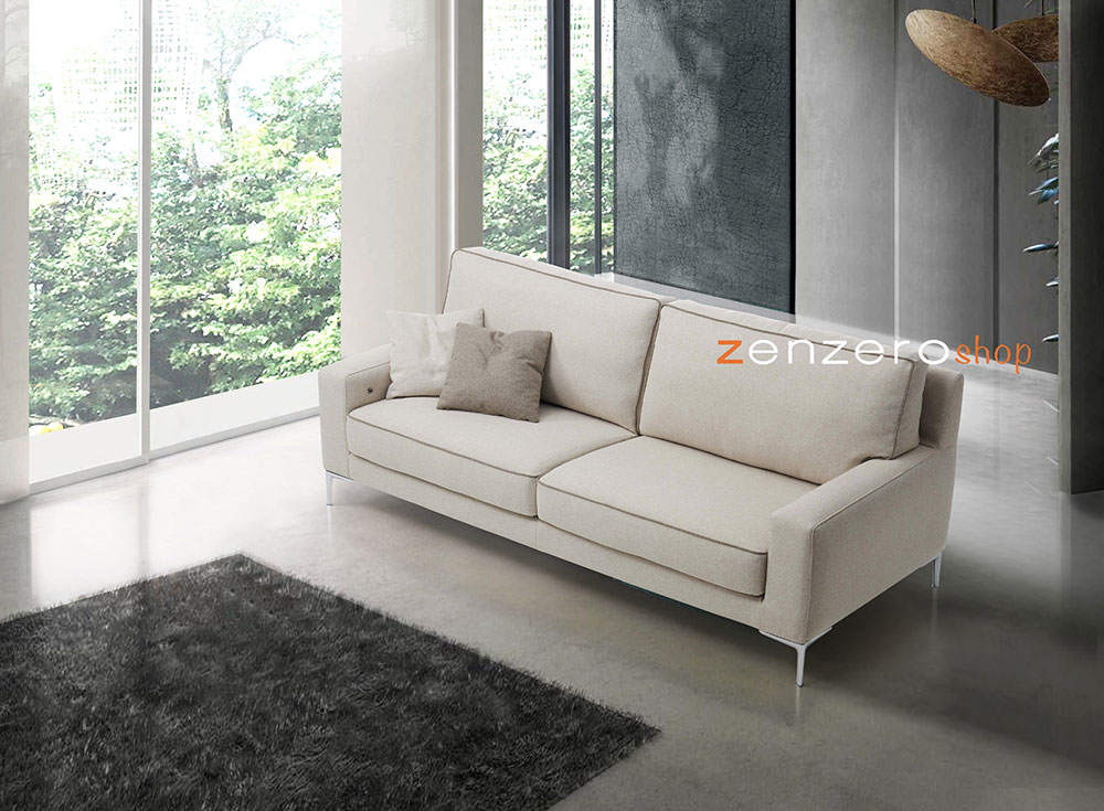 Divano Tor a 2 posti con presa USB integrata, tessuto Burro con bordino Grigio Chiaro