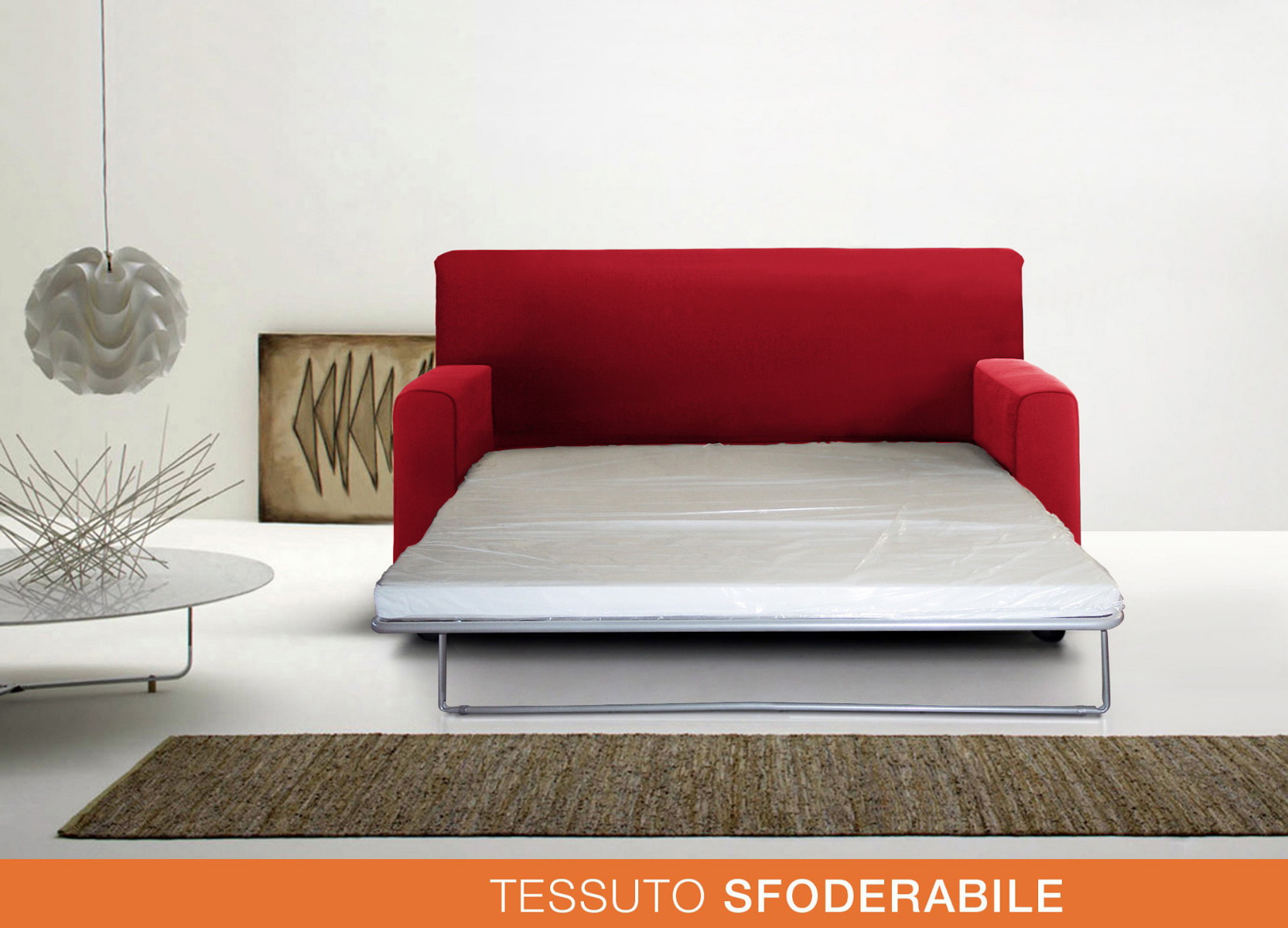 Divano 2 posti oppure divano letto 2 posti, tessuto sfoderabile in finitura rosso fuoco