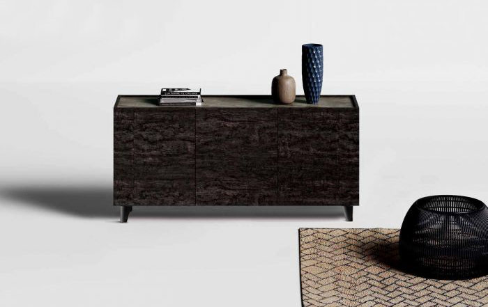 Madia moderna di alta qualità con 3 ante in finitura Legno bruciato e Ardesia chiara