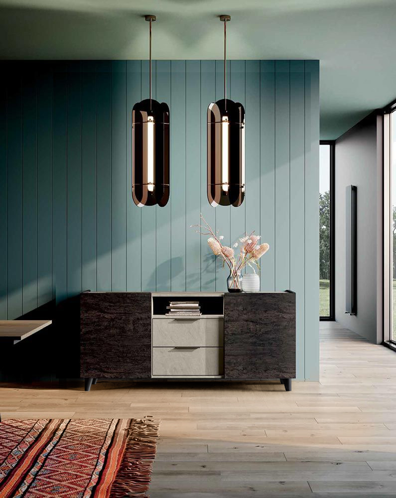 Madia moderna di design con 2 ante, 2 cassetti e un vano in finitura Argilla e Legno bruciato