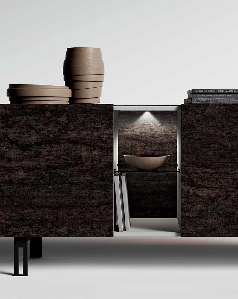 Madia moderna di alta qualità con 3 ante e 3 ripiani in finitura Grigio seta e Legno bruciato 