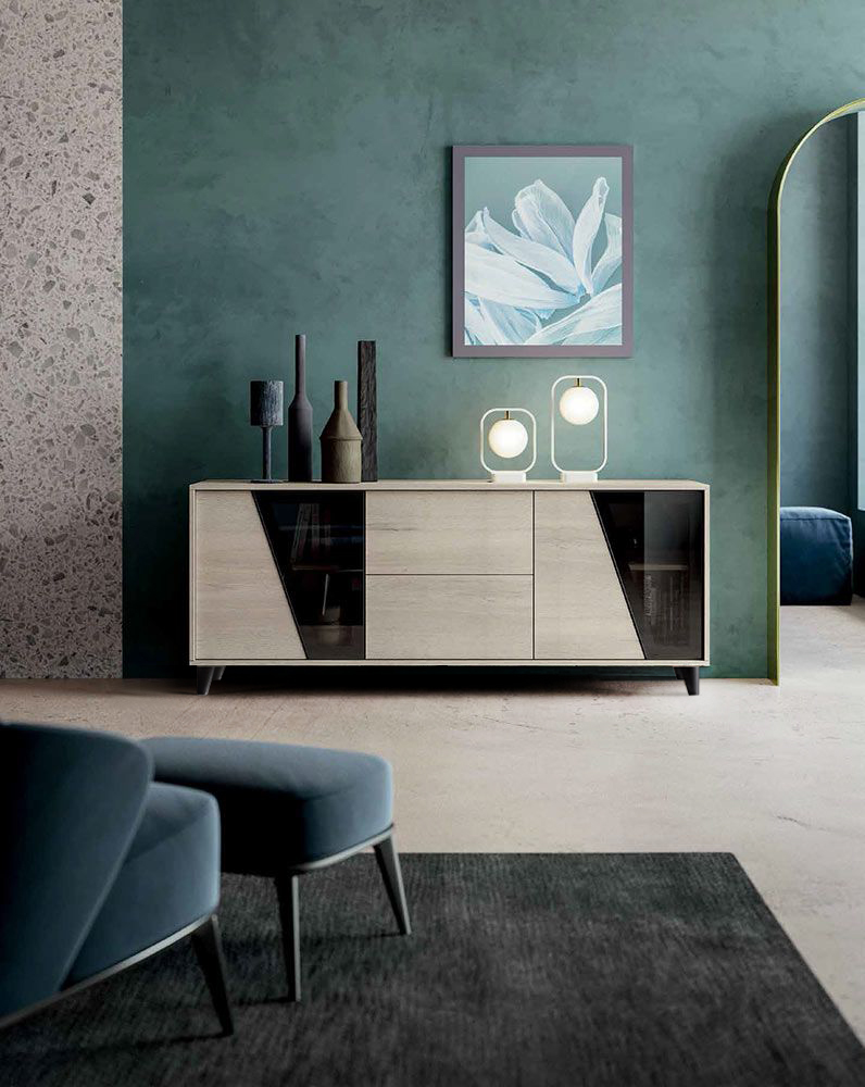 Madia moderna di alta qualità con 2 ante e 2 cassetti in finitura Rovere sbiancato