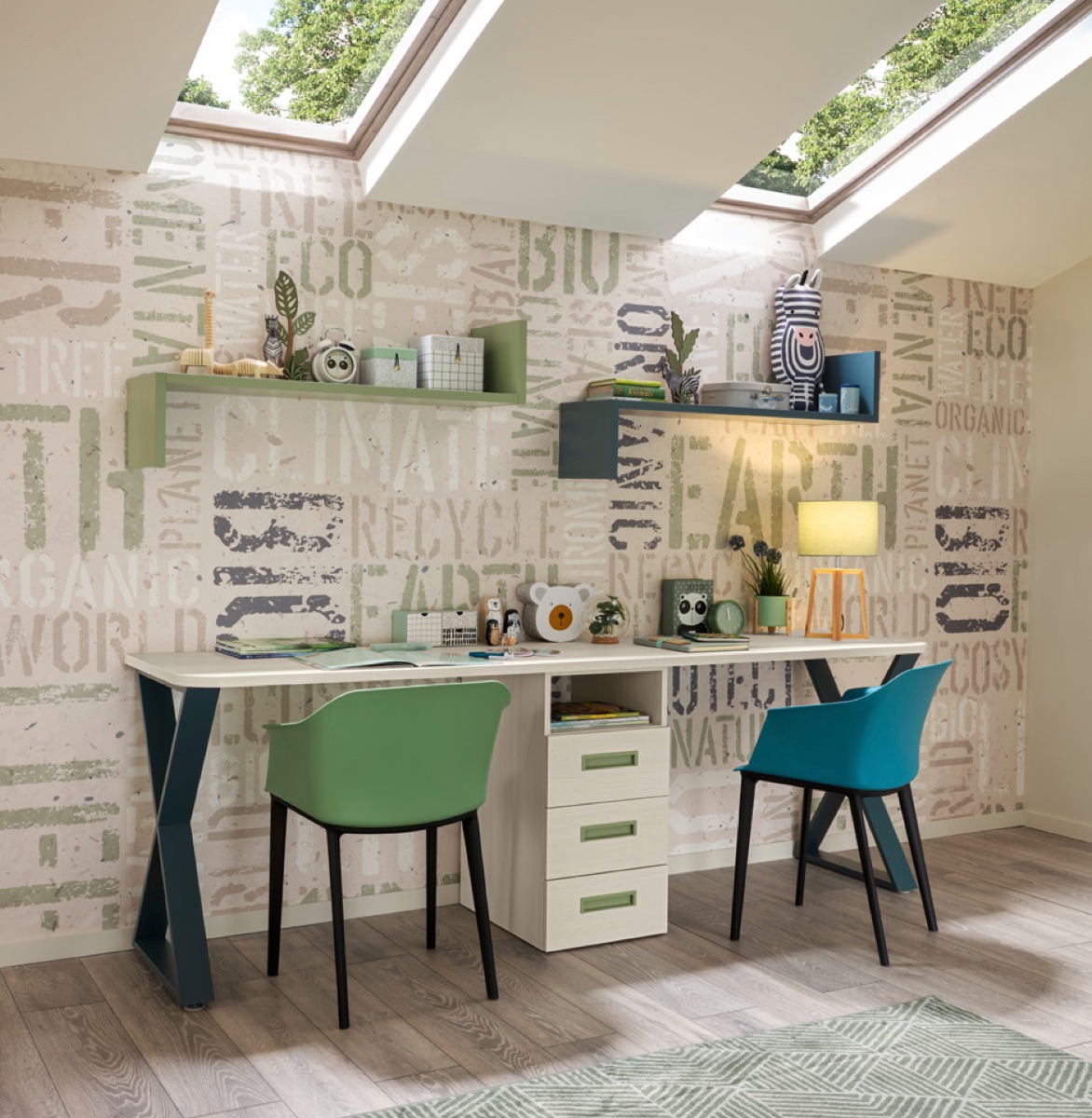 Scrivania con doppia postazione Moretti Compact, finitura Betulla, Flora e Pavone