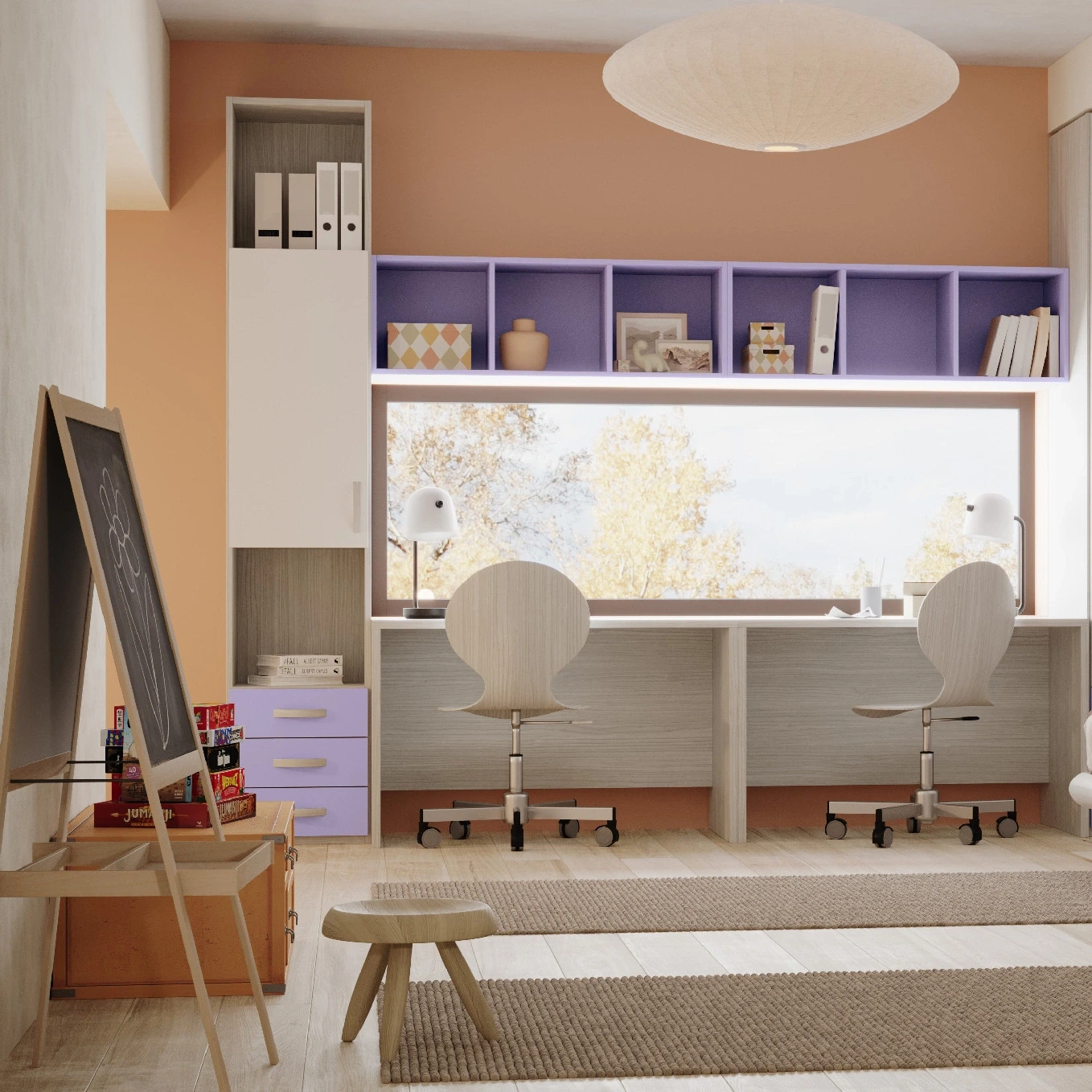 Zona studio con 2 scrivanie, libreria e pensili a giorno, Cenere wood e Malva Zenzero Shop