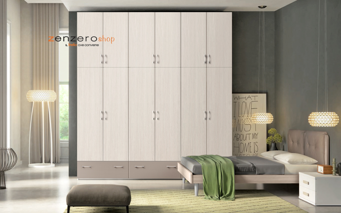 Armadio H.291 con 12 ante battenti e 3 cassetti  in finitura Corda e Larice bianco