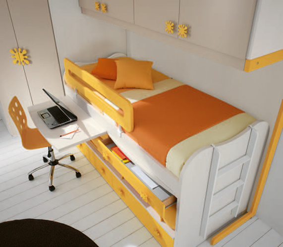 Letto a castello con scrivania estraibile e cassettoni  in finitura Larice e Zafferano LACCATO