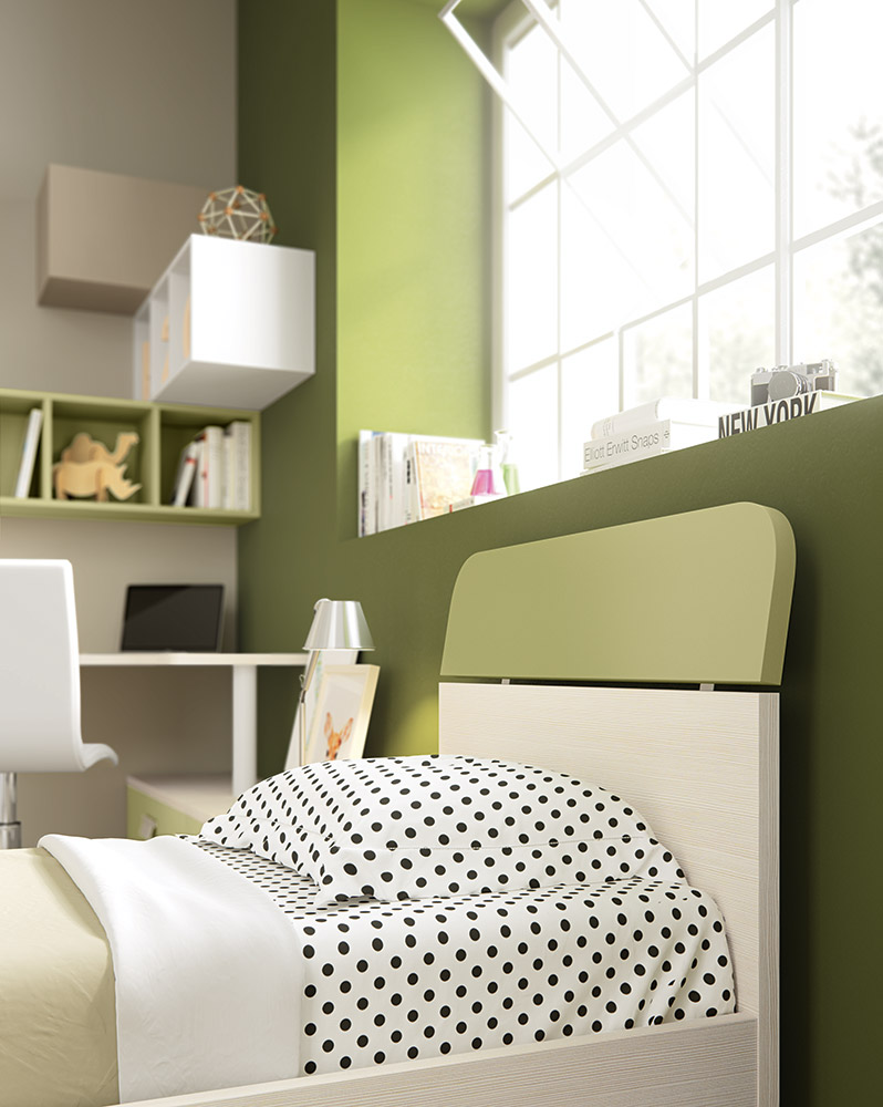 Letto singolo con testata bicolore curva in finitura Larice e Muschio LACCATO