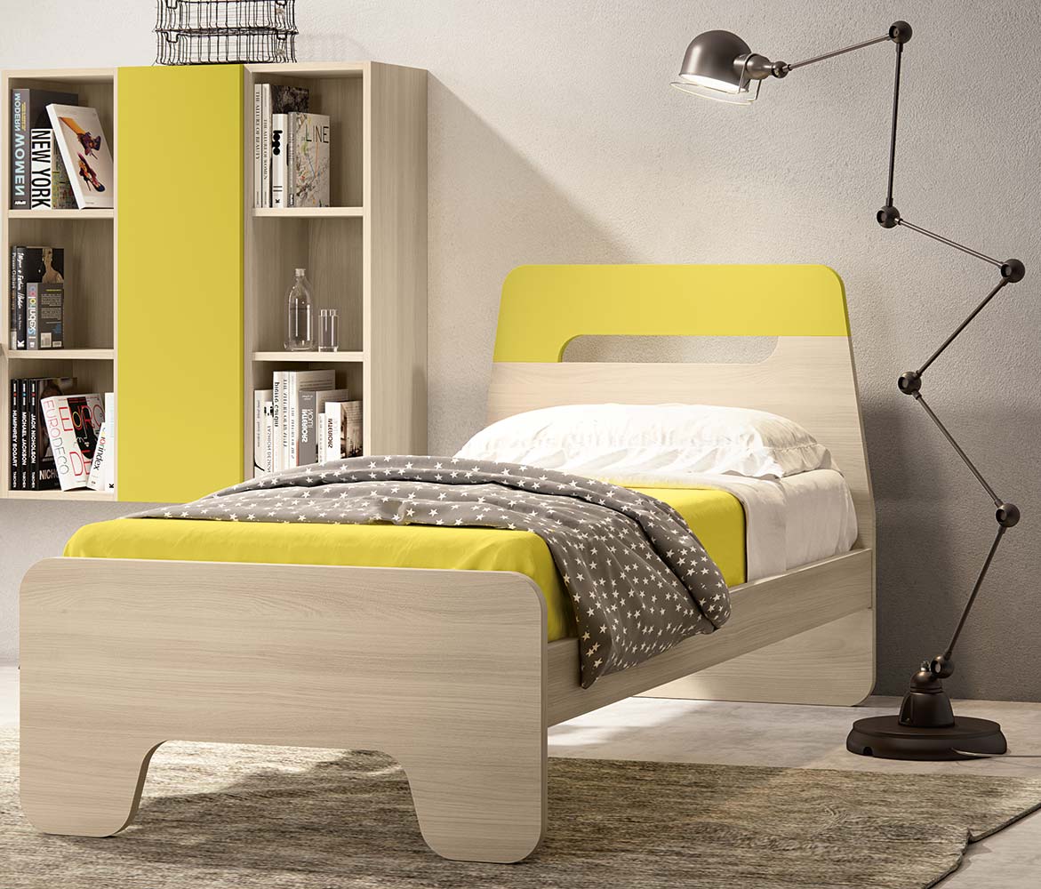 Letto singolo con testata bicolore in finitura Olmo e Lime LACCATO