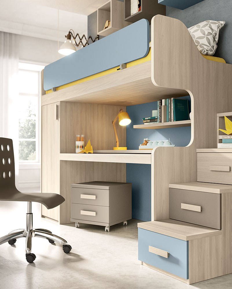Letto a castello con scrivania e armadio in finitura Olmo naturale