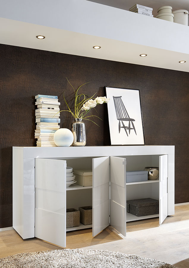 Credenza Moderna a 4 ante, Bianco Lucido con frontali Beton
