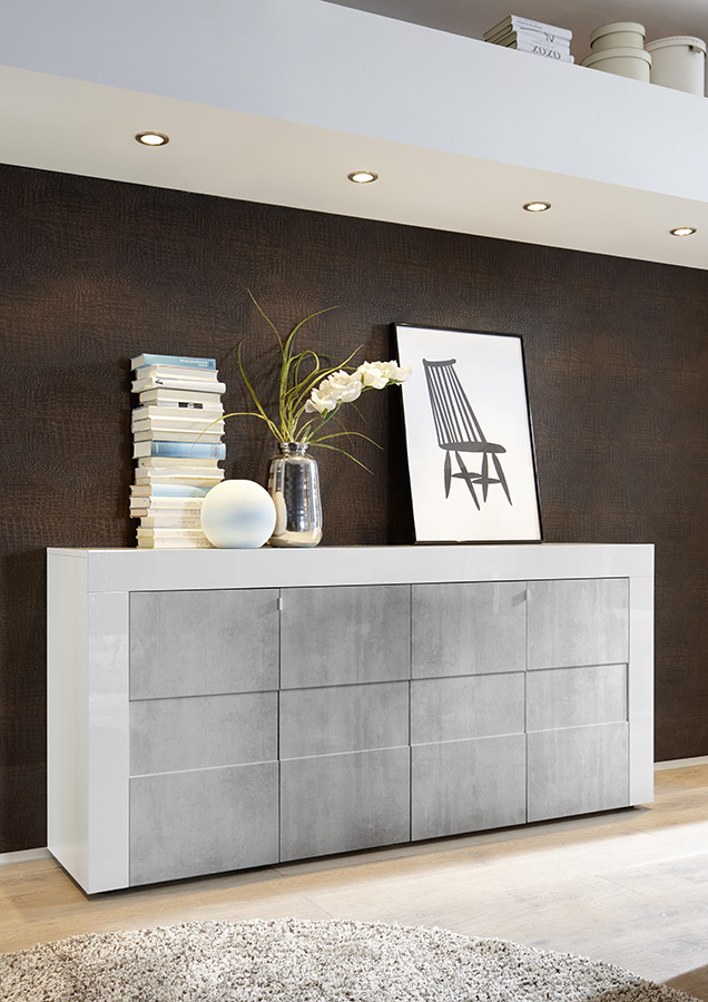 Credenza Moderna a 4 ante, Bianco Lucido con frontali Beton
