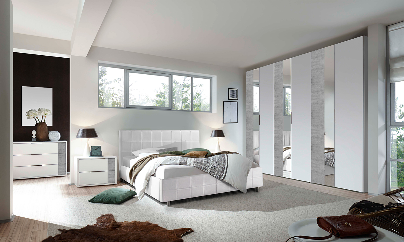 Elegante  Armadio moderno 6 ante battenti con specchio, finitura Beton e Bianco Opaco