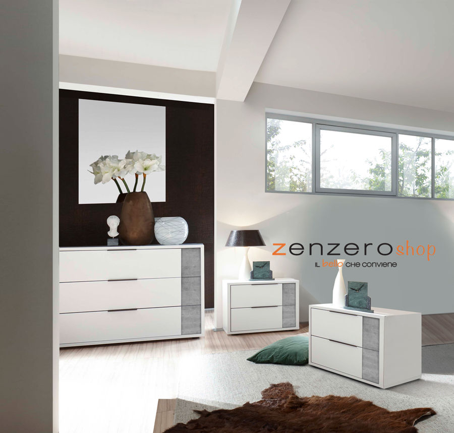 Comò design moderno 3 cassetti, finitura Bianco Opaco e Beton