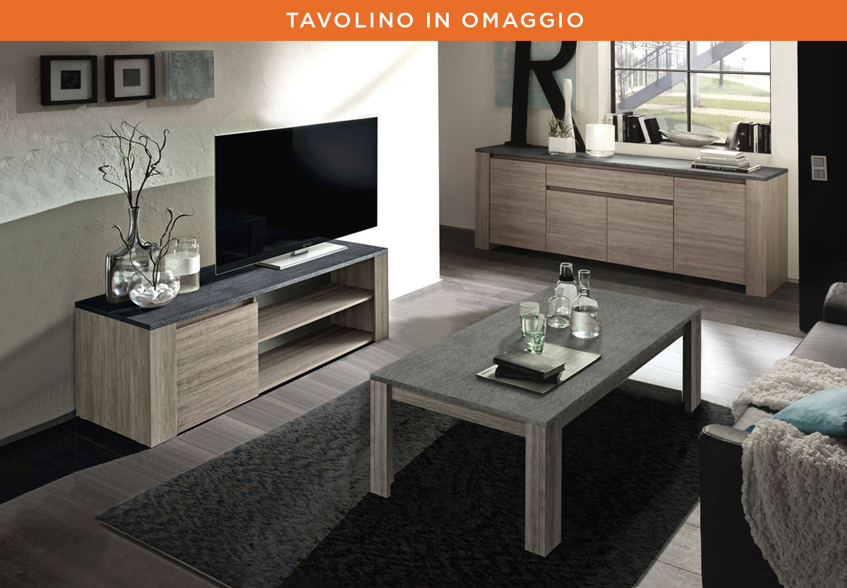 Sala moderna con Madia Alta, Porta TV e Tavolino in omaggio, Rovere Grigio e Marmo