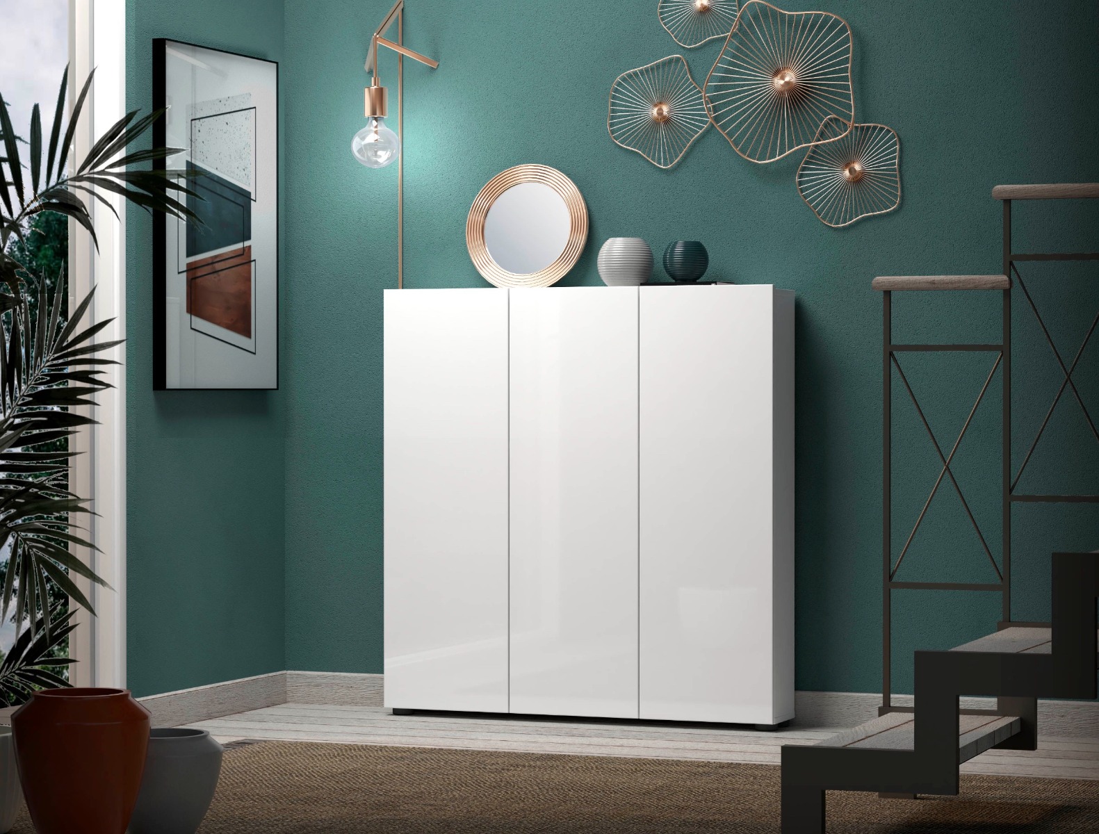 Elegante  Scarpiera 3 ante finitura Bianco Lucido, Made in Italy