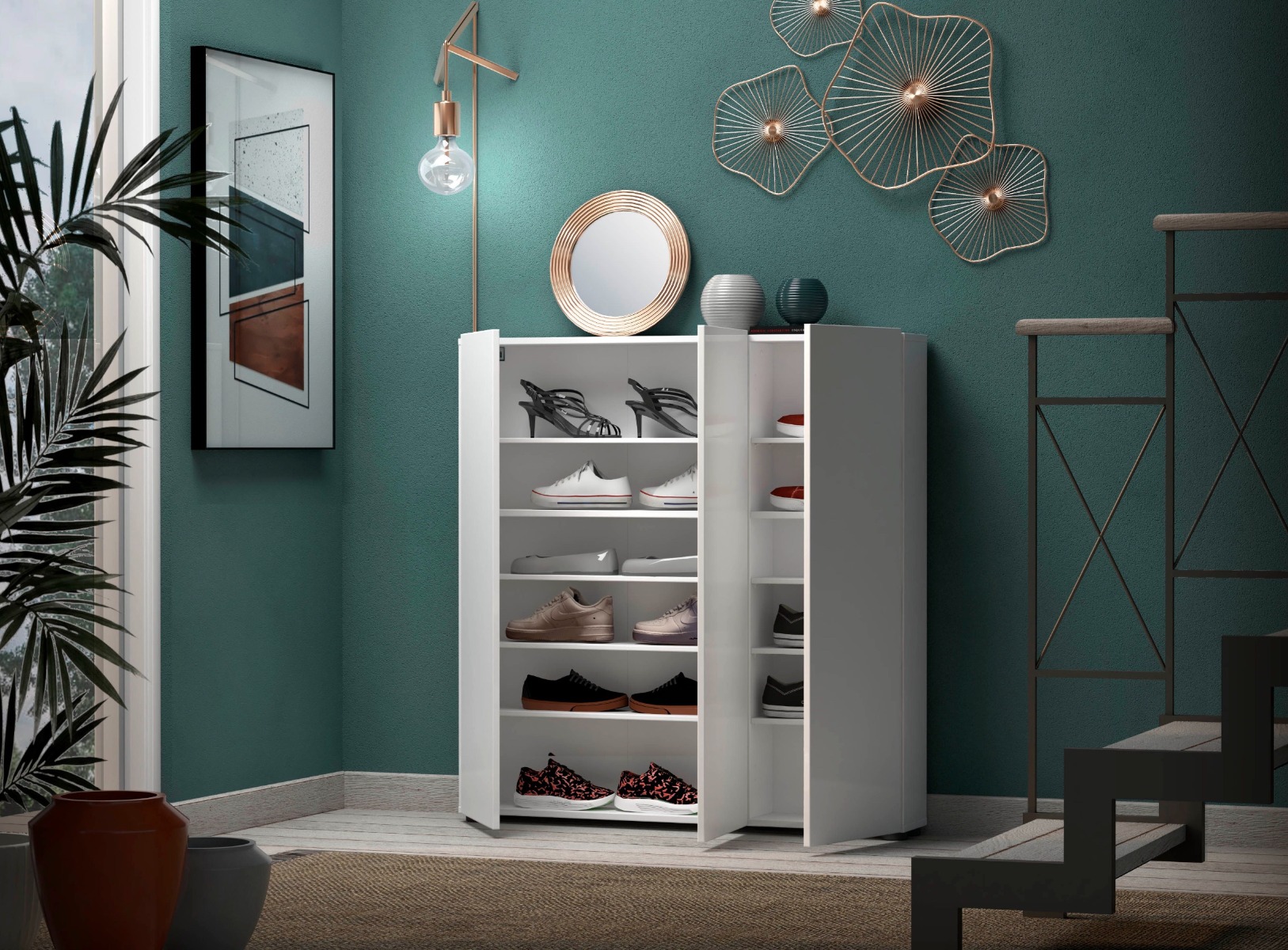 Elegante  Scarpiera 3 ante finitura Bianco Lucido, Made in Italy