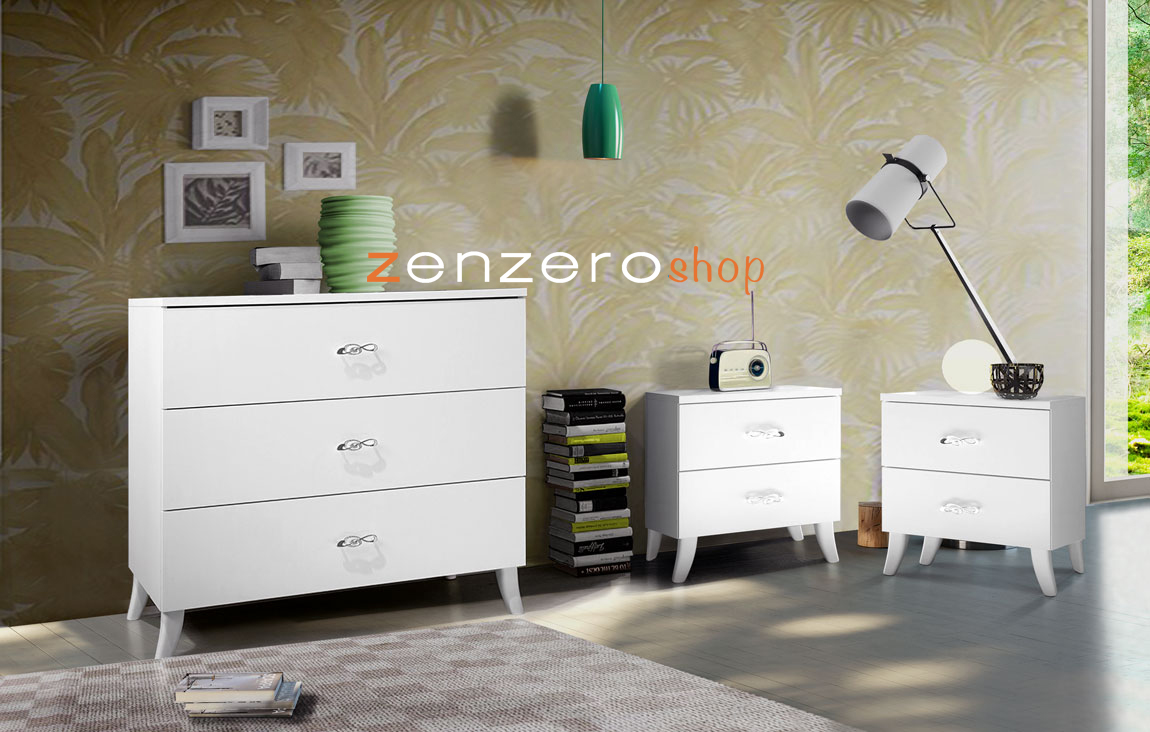 Set zona notte con Comò e 2 comodini, Bianco opaco