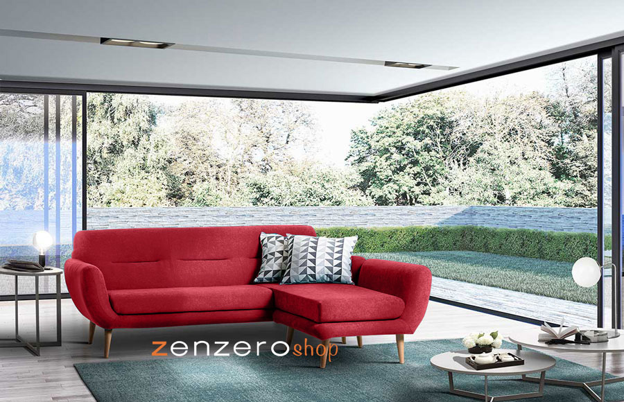 Divano moderno Chimborazo ad angolo a 3 posti, gambe in legno, finitura Rossa