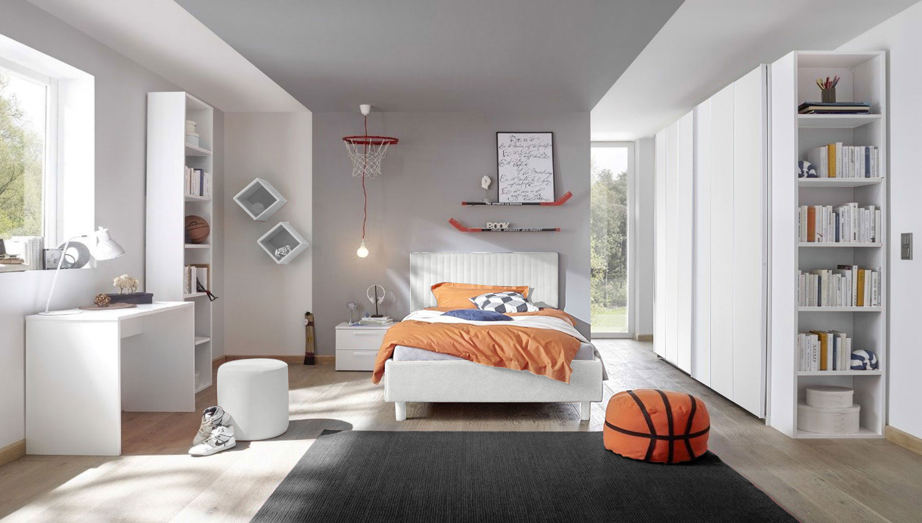 Cameretta moderna con letto una piazza mezza, armadio scorrevole e comodino, finitura Bianca