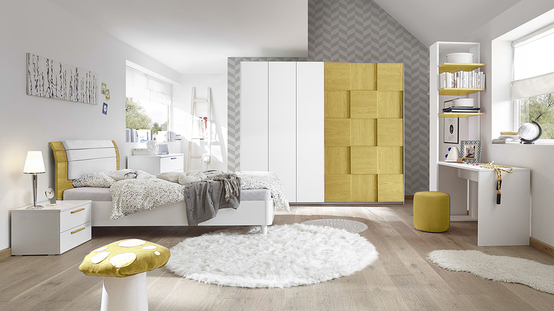 Camera completa con letto pannello curvo giallo e con armadio Miss