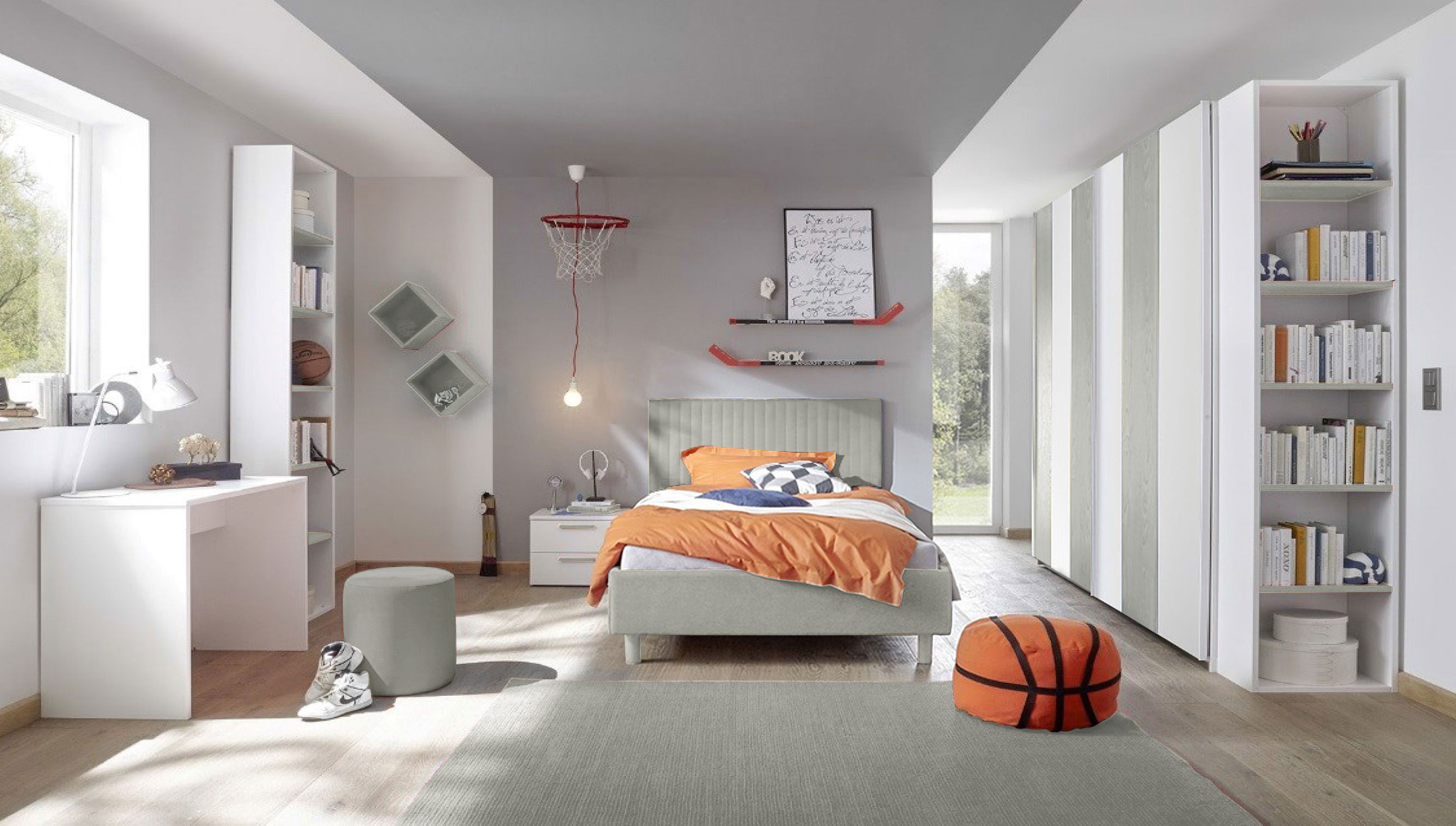 Cameretta moderna con letto una piazza mezza, armadio scorrevole e comodino, finitura Grigio