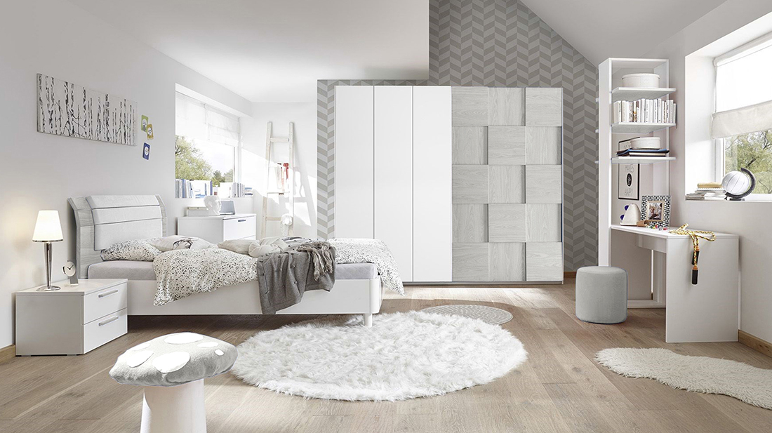 Camera completa con letto pannello curvo grigio e con armadio Miss H.230