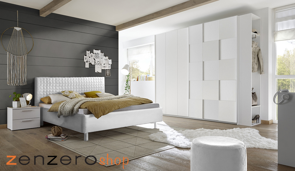 Camera completa con letto bianco in ecopelle con armadio Miss