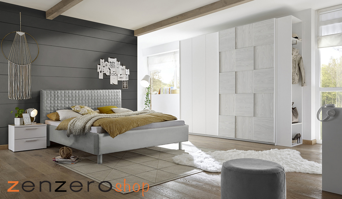 Camera completa con letto grigio in tessuto imbottito con armadio Miss