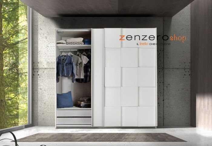 Cameretta matrimoniale con letto, armadio scorrevole e comodini, finitura Bianca