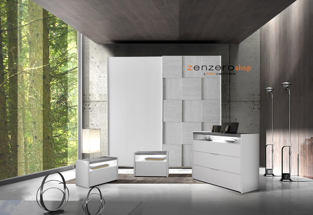 Set zona notte con Armadio scorrevole, Comò e Coppia Comodini, Bianco opaco, Artik e Beton