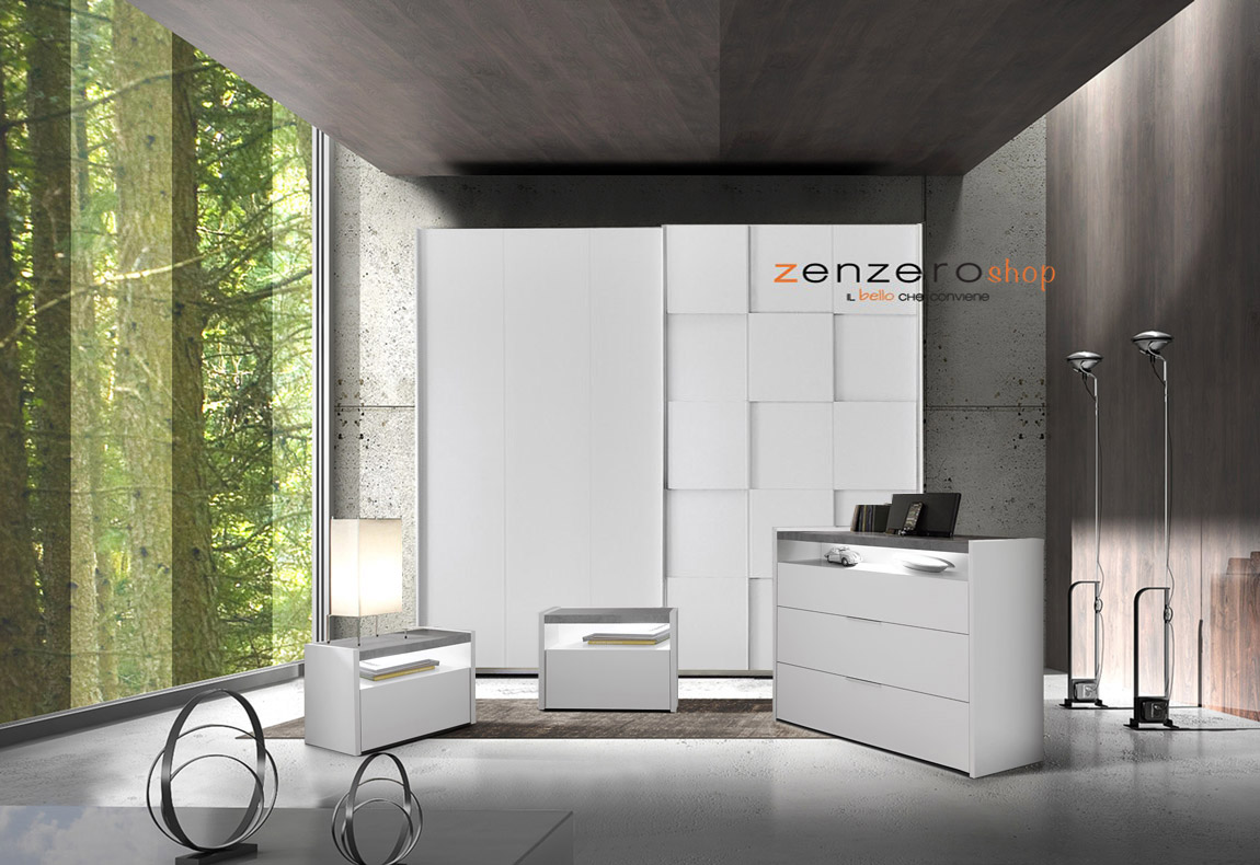 Set zona notte con Armadio scorrevole, Comò e Coppia Comodini, bianco opaco e beton