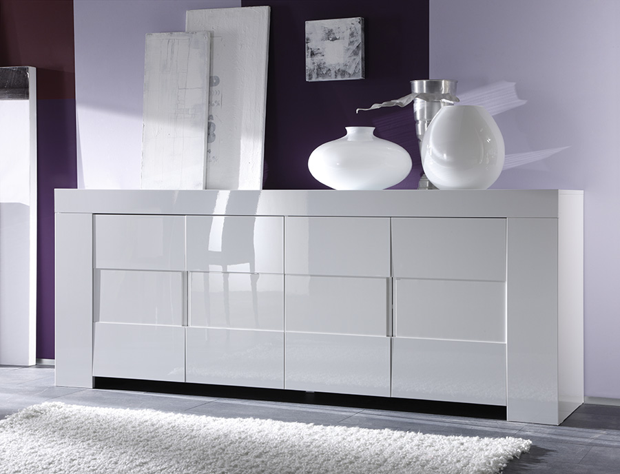 Credenza Moderna, Madia di Design elegante, 4 ante, Bianco Lucido