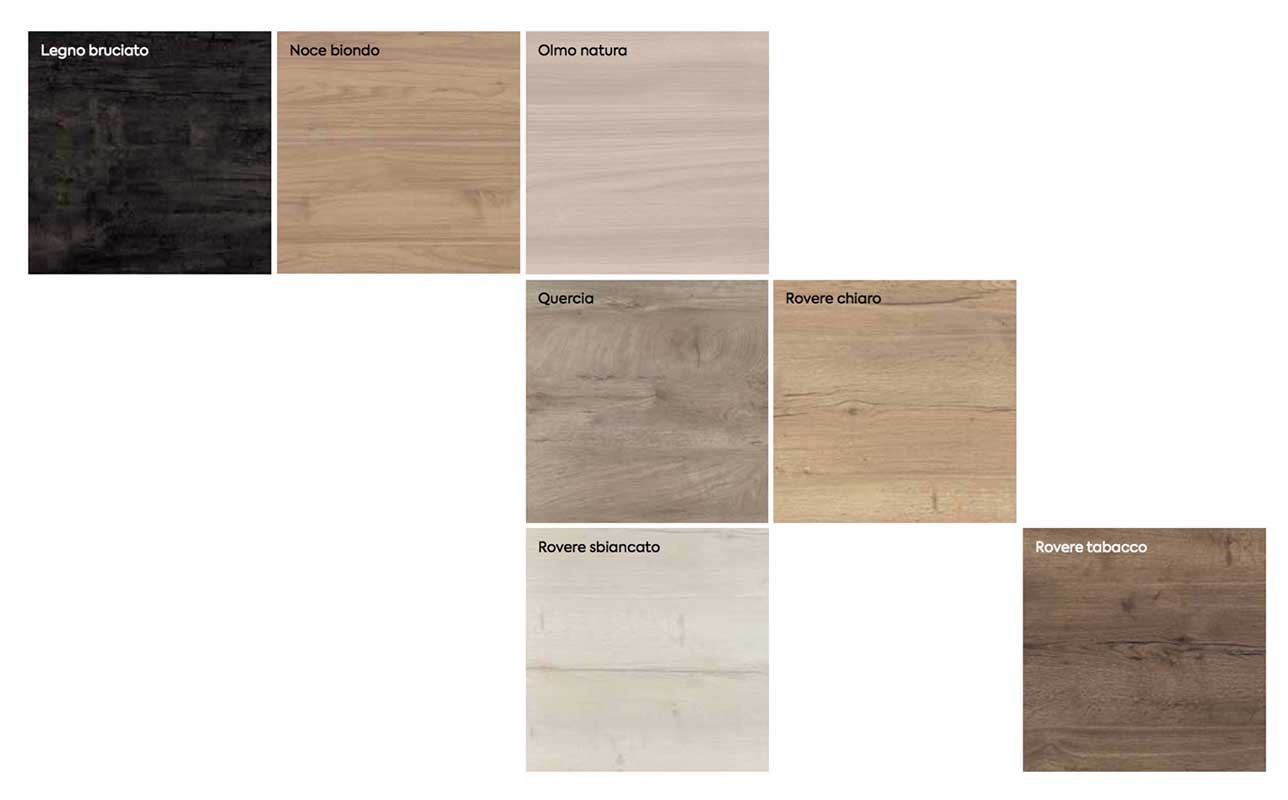 Parete attrezzata di alta qualità in finitura Grigio seta, Miele, Quercia e Rosso ossido