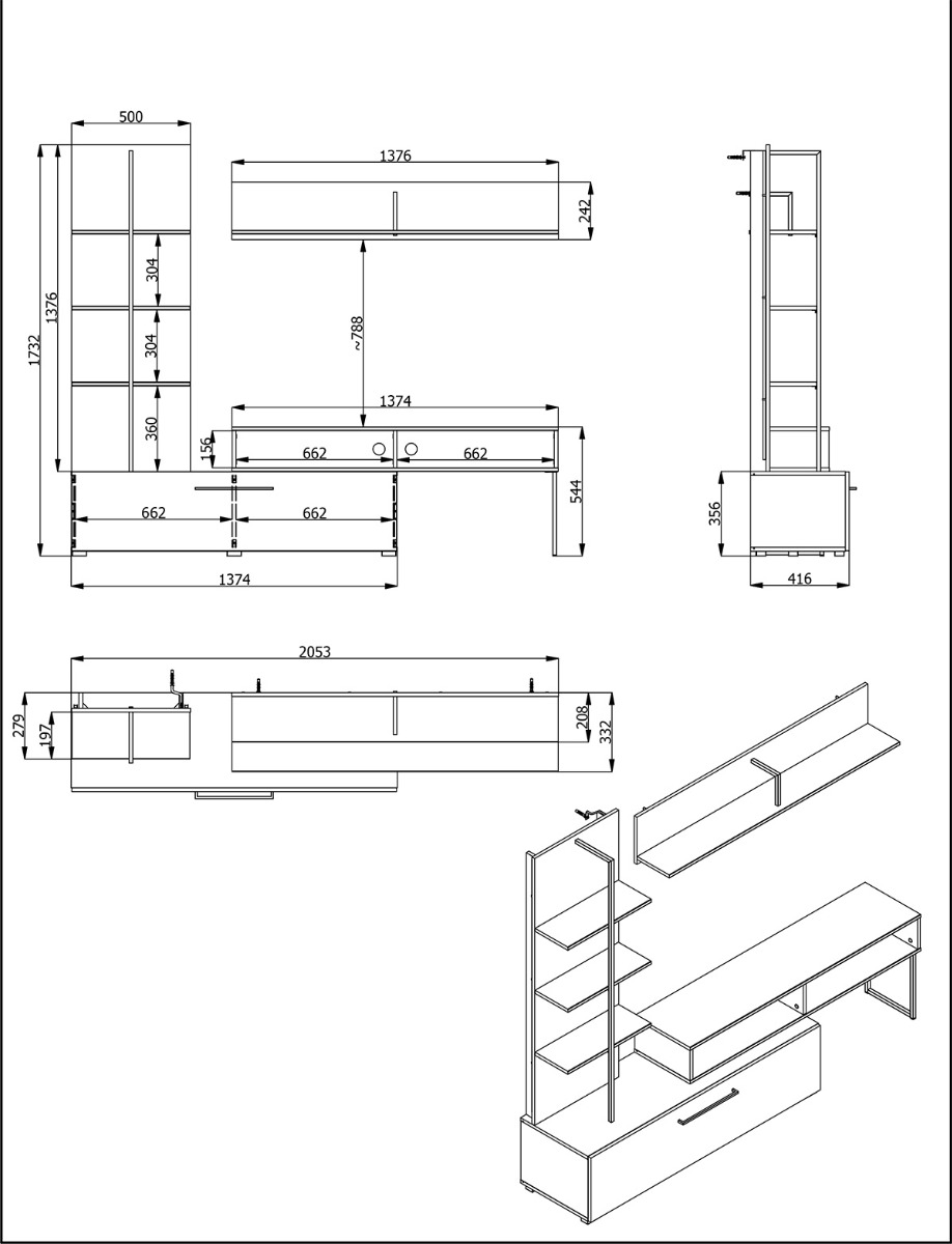 Parete moderna con ribalta e libreria, finitura Rovere e Carbone