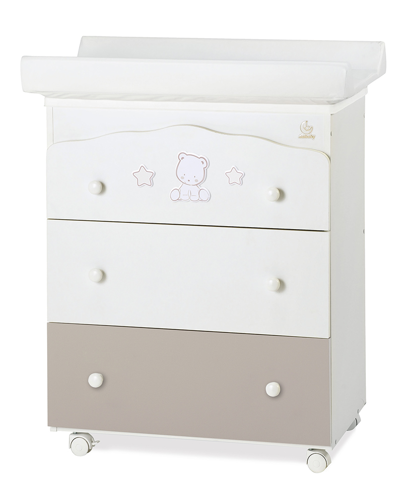 Culla moderna Teddy con ruote, finitura Choco con decori Tortora