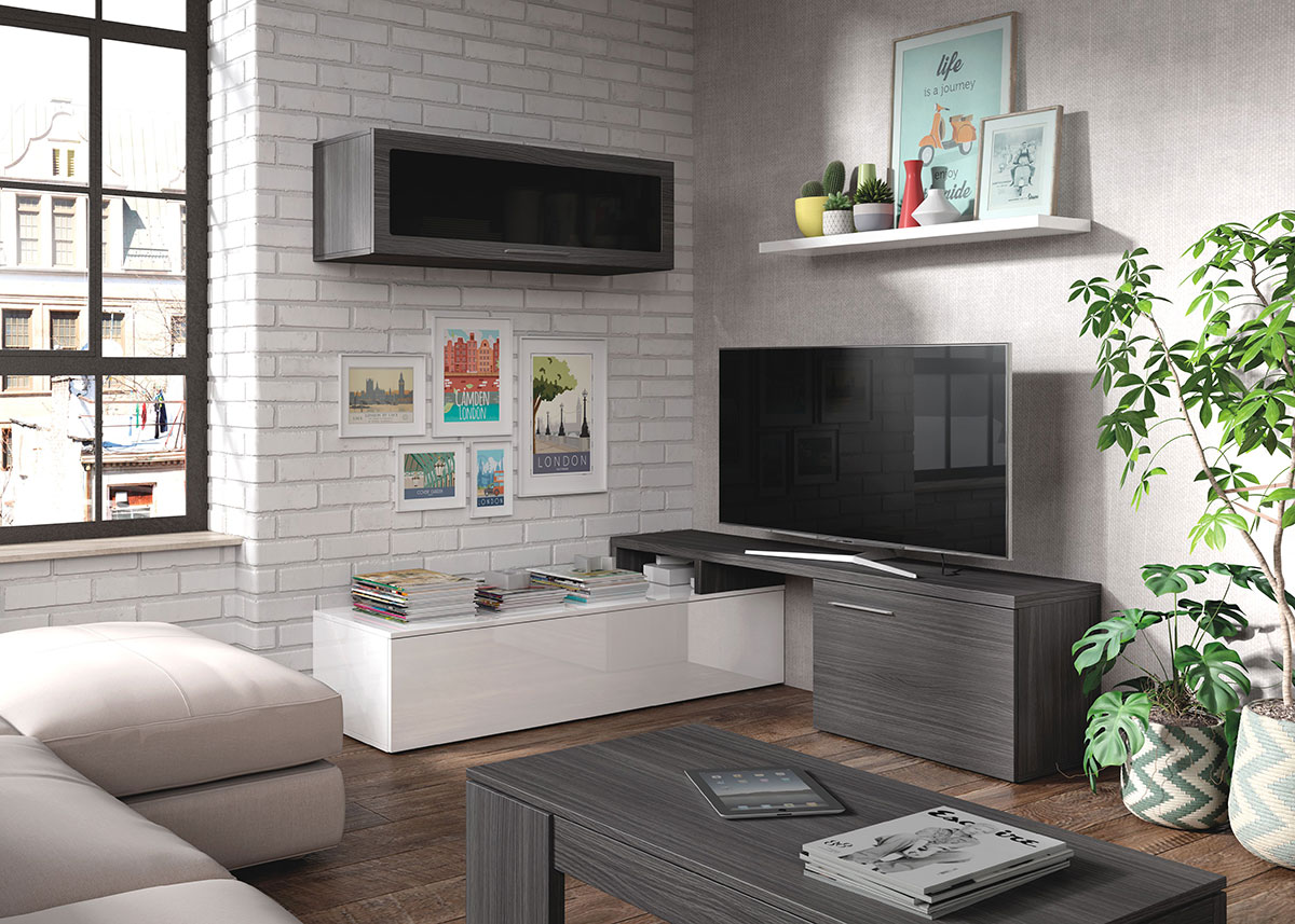 Parete attrezzata ad angolo, con porta tv, mensola e pensile, bianco lucido e grigio cenere