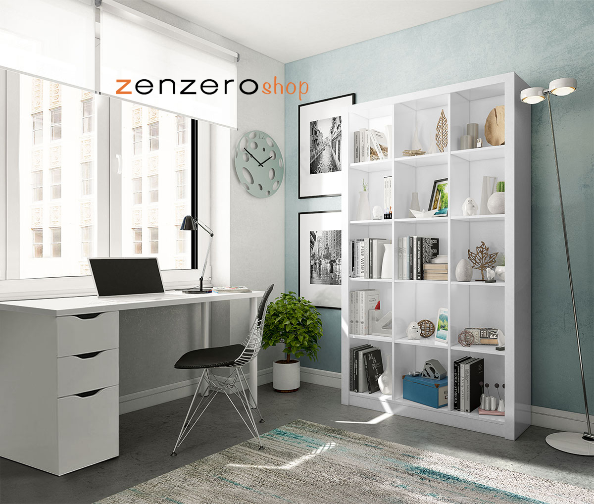 Ufficio con scrivania 3 cassetti e libreria moderna bianca lucida