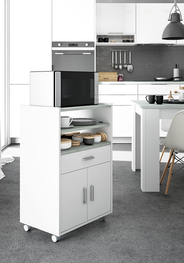 Mobile per cucina con piano ad estrazione, finitura Bianco e Cemento