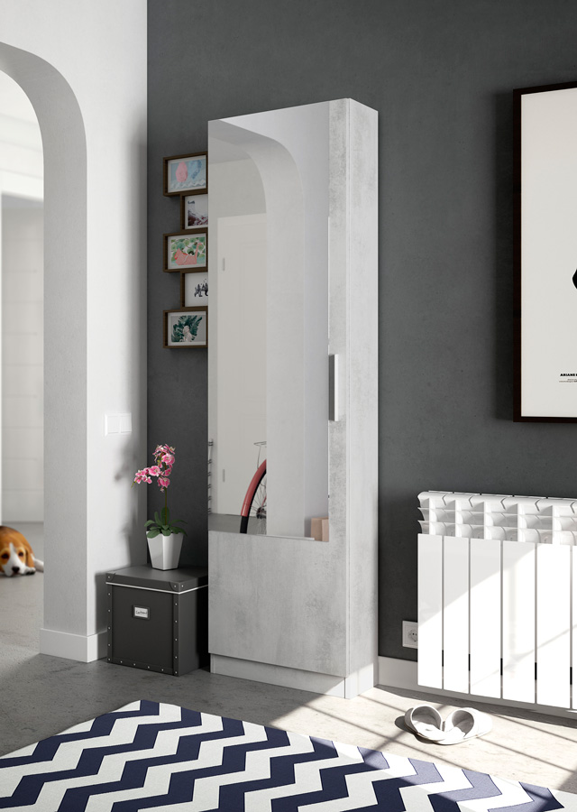 Scarpiera ad 1 anta con specchio, finitura cemento