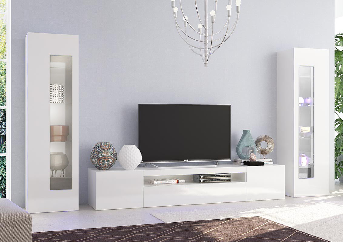 Soggiorno con 2 vetrine e una base porta Tv in finitura Bianco lucido 