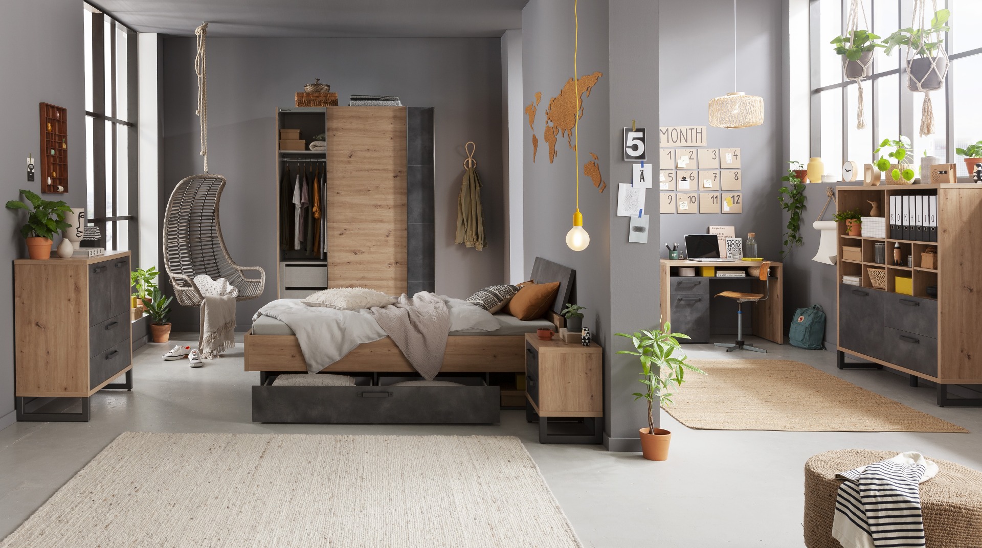 Madia/ comò Industry con 3 cassetti e un'anta in finitura Rovere e Grigio smoke