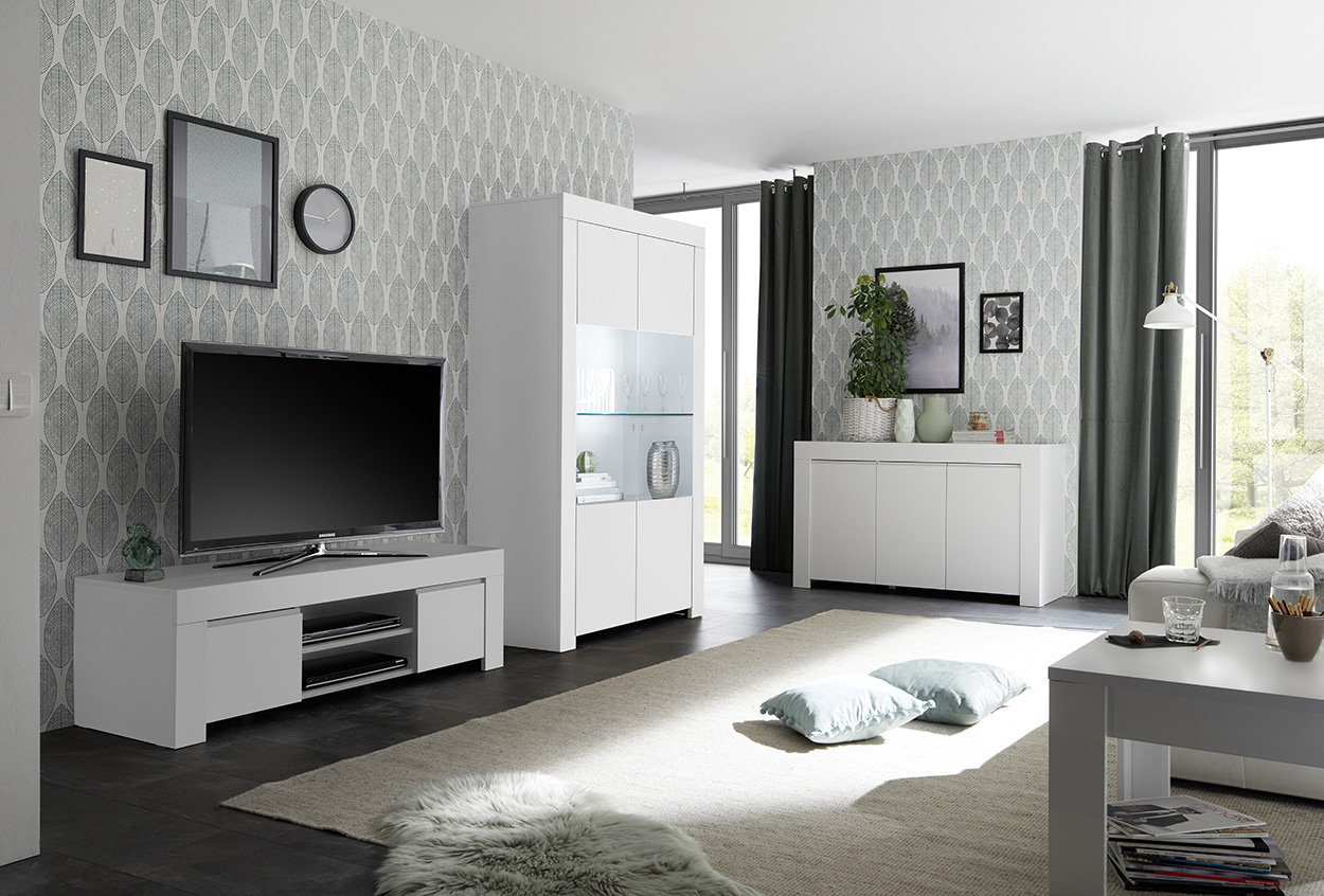 Soggiorno moderno, completo di Porta TV, Vetrina e Madia 3 ante, bianco opaco