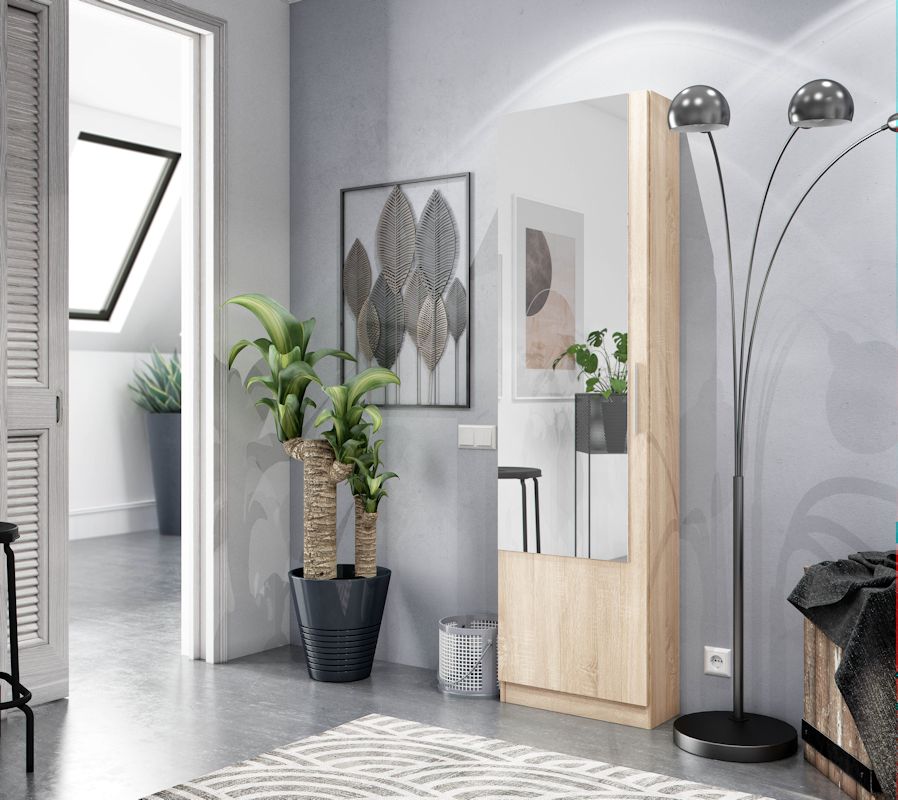 Scarpiera ad 1 anta con specchio, finitura rovere canadian