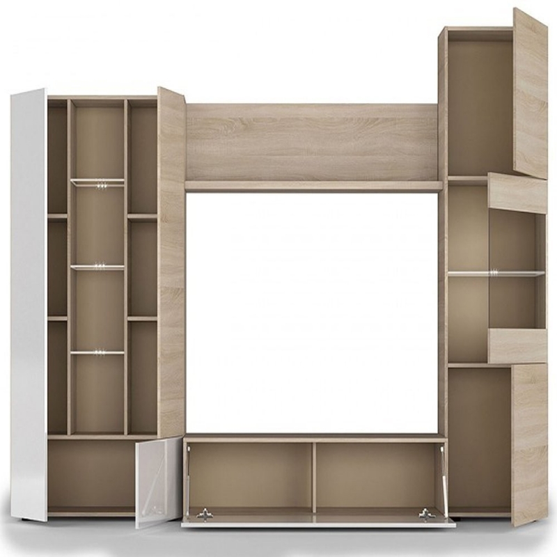 Parete attrezzata con led, quercia e bianco