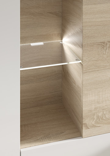 Parete attrezzata con led, quercia e bianco