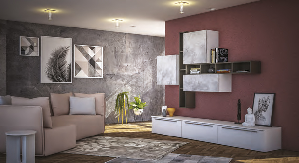 Parete attrezzata moderna, in finitura Bianco frassino, Cemento e Fango