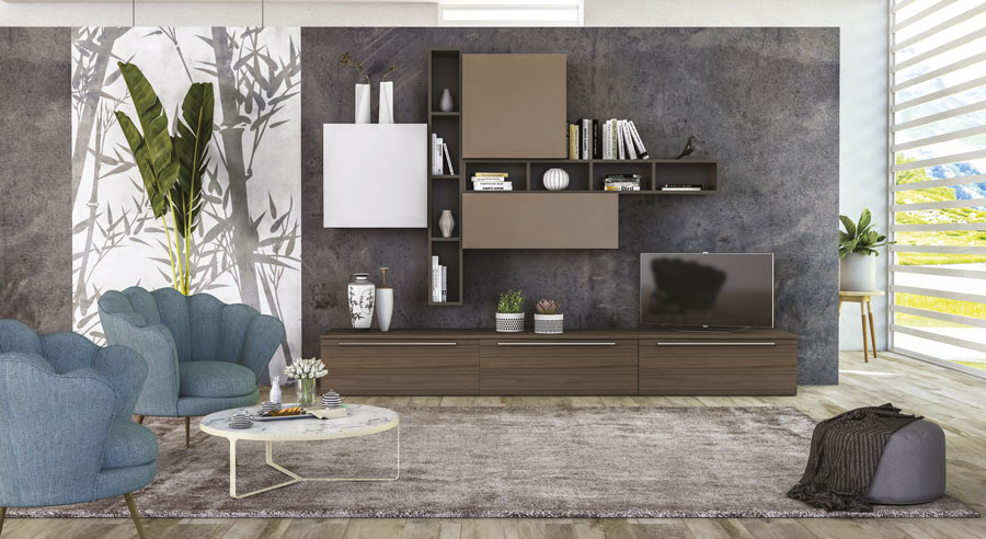 Parete attrezzata moderna, in finitura Noce, frontali in Bianco Seta e Visone